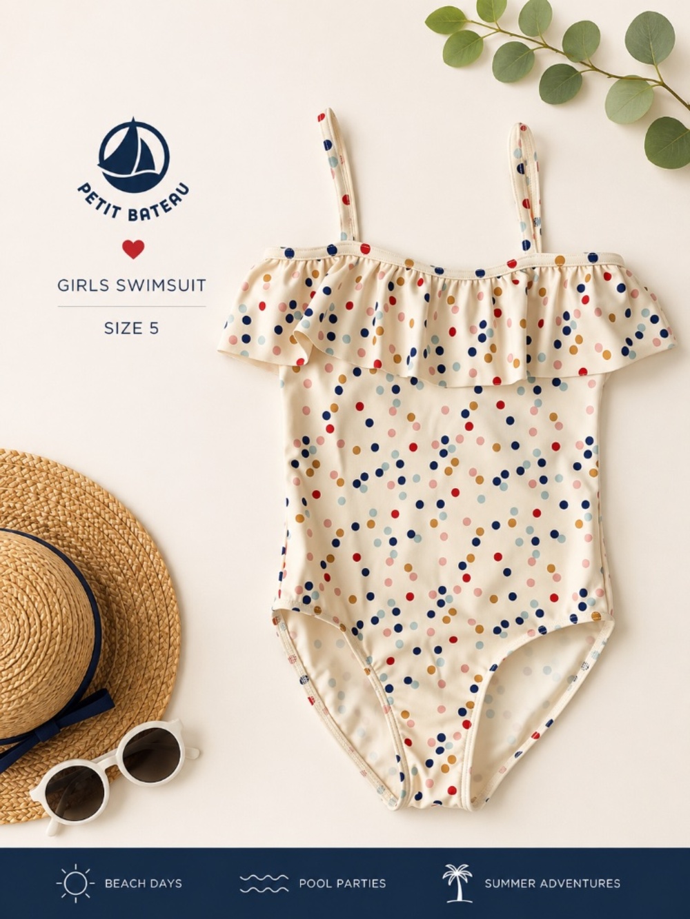 Petit Bateau Confetti Dot Ruffle One-Piece Swimsuit Girls Size 5 EUC